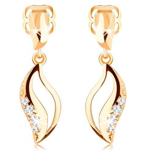 Náušnice v žltom 14K zlate - zvlnené zrnko s výrezom a čírymi zirkónikmi