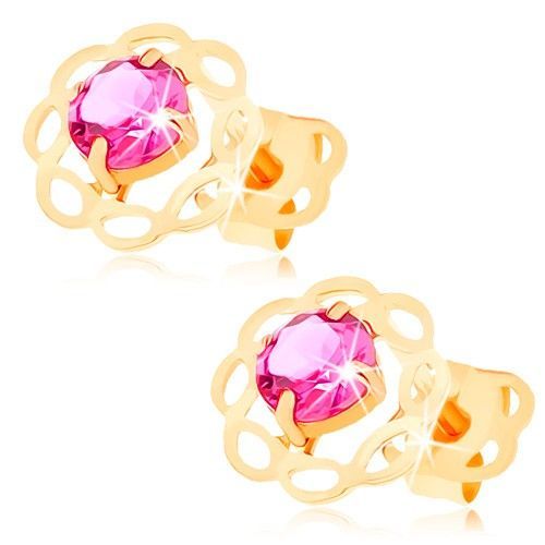 Náušnice v žltom 14K zlate - kvietok s ružovým stredom a zrnkovými lupeňmi