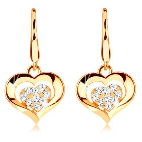 Zlaté náušnice 585 - číre trblietavé srdiečko v lesklom obryse, háčiky