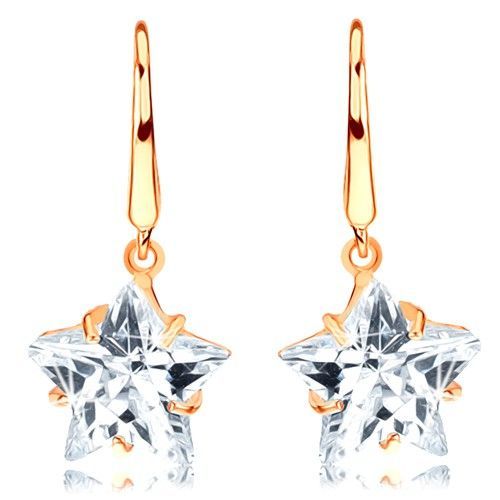 Zlaté náušnice 585 s lesklými háčikmi, brúsená hviezda v čírej farbe