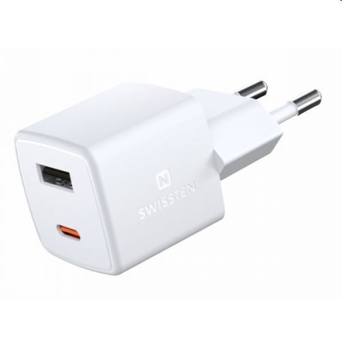 Mini Adaptér Swissten GaN 1x USB-C + 1xUSB 30W, PD, biely 22056100