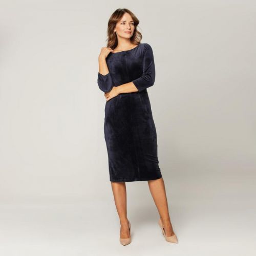 Elegantné zamatové šaty tmavomodrej farby s 3/4 rukávom 14809