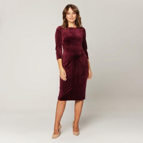 Elegantné zamatové šaty bordovej farby s 3/4 rukávmi 14811