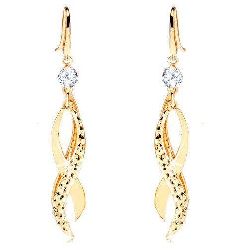 Náušnice zo žltého 14K zlata - číry zirkón, tri zvlnené prelínajúce sa stužky