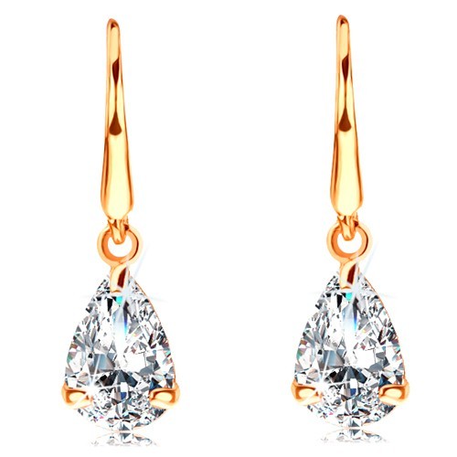 Náušnice zo žltého 14K zlata - brúsená zirkónová kvapka, háčiky