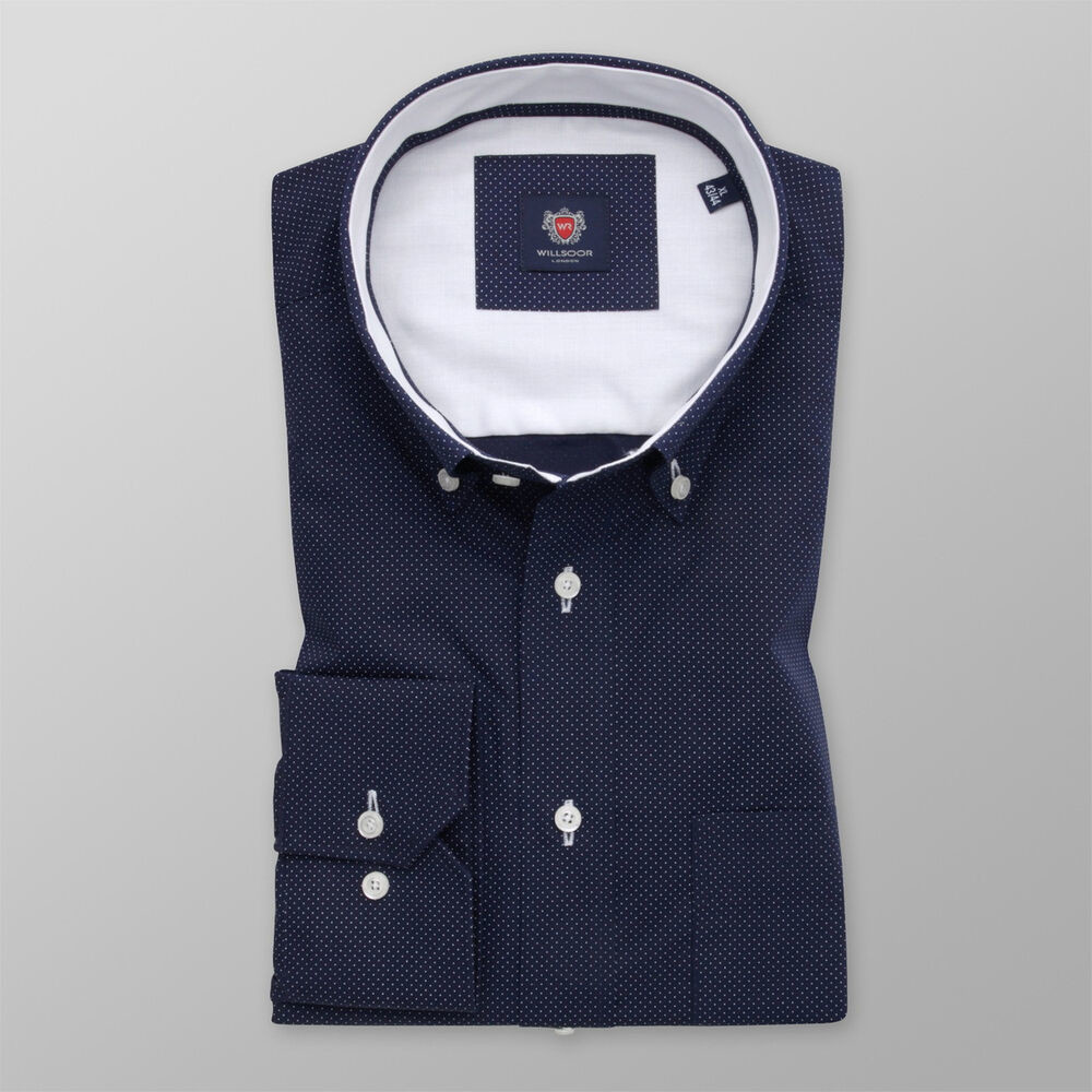 Pánska slim fit košeľa tmavomodrá s bodkami a bielymi kontrastnými prvkami 14820