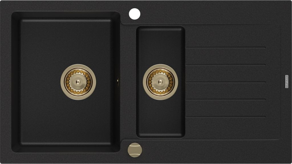 MEXEN/S MEXEN/S - Matias granitový drez 1.5 s odkvapkávačom 900 x 505 mm, čierny, zlatý sifón 6502901505-77-G