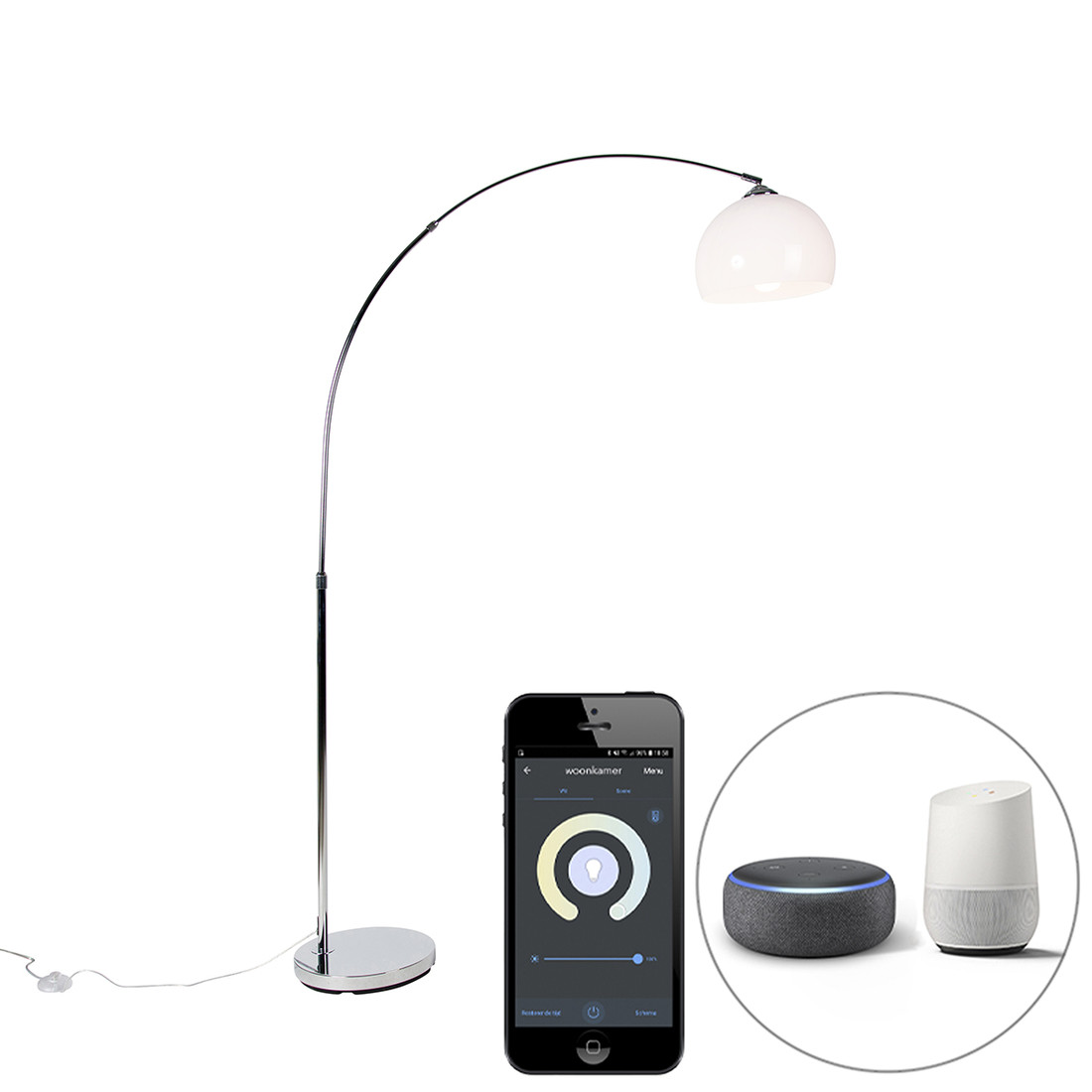 Smart booglamp chroom met witte kap incl. Wifi A60 - Arc Basic