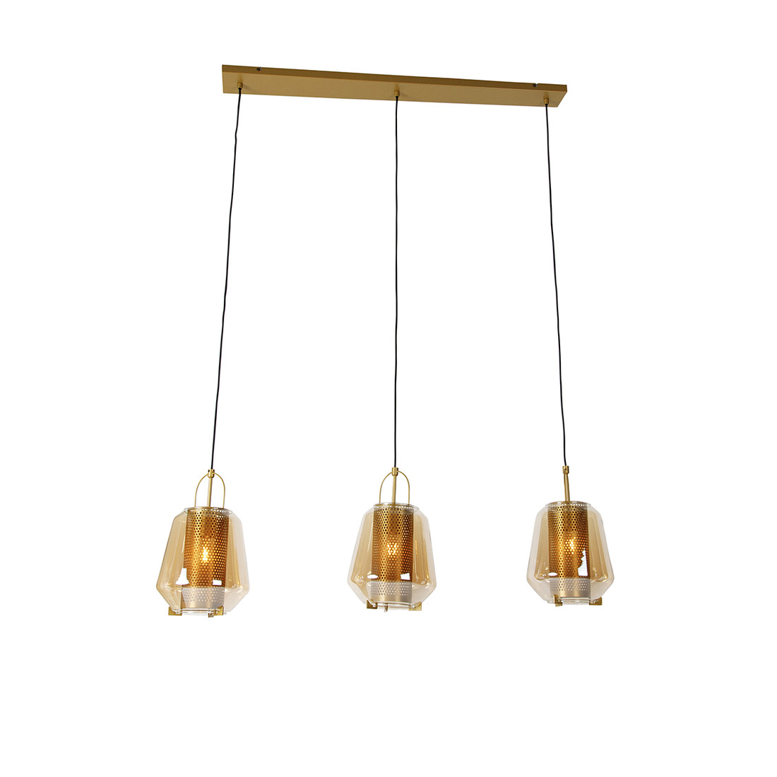 Hanglamp goud met amber glas 23 cm langwerpig 3-lichts - Kevin