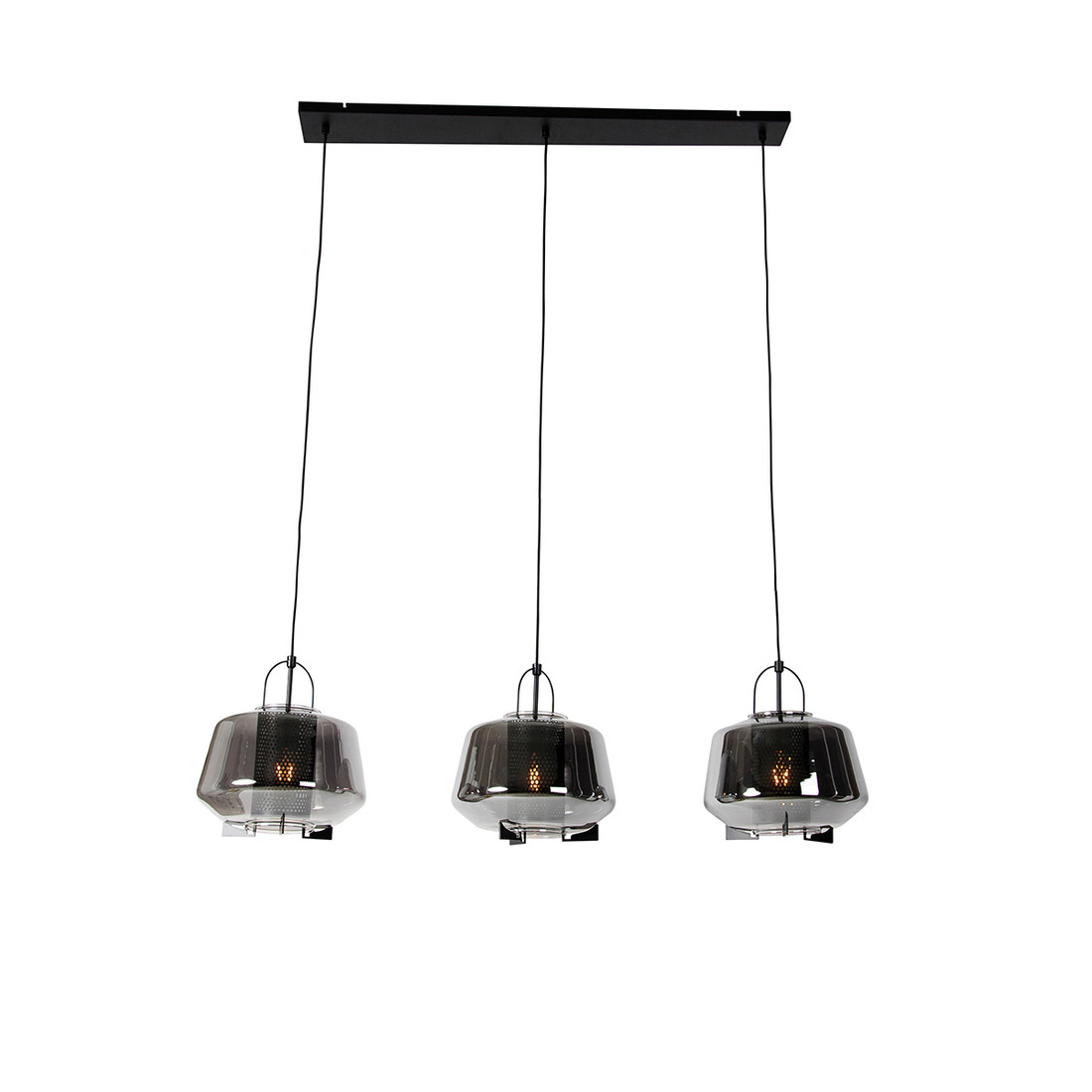 Hanglamp zwart met smoke glas 30 cm langwerpig 3-lichts - Kevin