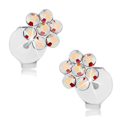 Puzetové náušnice, striebro 925, ligotavý kvietok z dúhových krištálikov