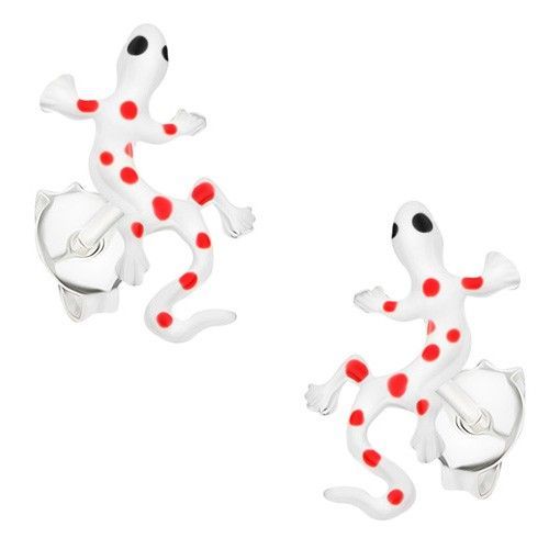 Náušnice zo striebra 925, biela glazúrovaná jašterička s červenými bodkami