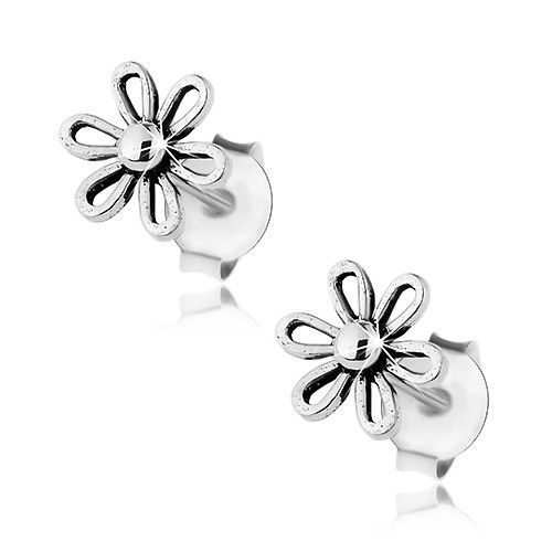 Náušnice zo striebra 925, lesklý kvietok s guľôčkou v strede, patina