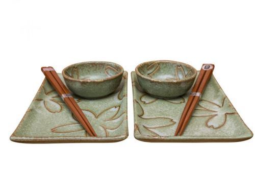 Sushi set LT so štýlovými kvetmi zelený 6 ks MIJ