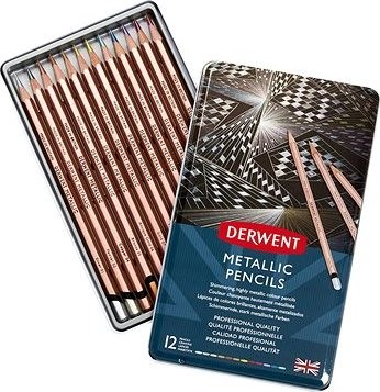 DERWENT Proffesional Metallic Pencils v plechovej krabičke, šesťhranné, 12 farieb