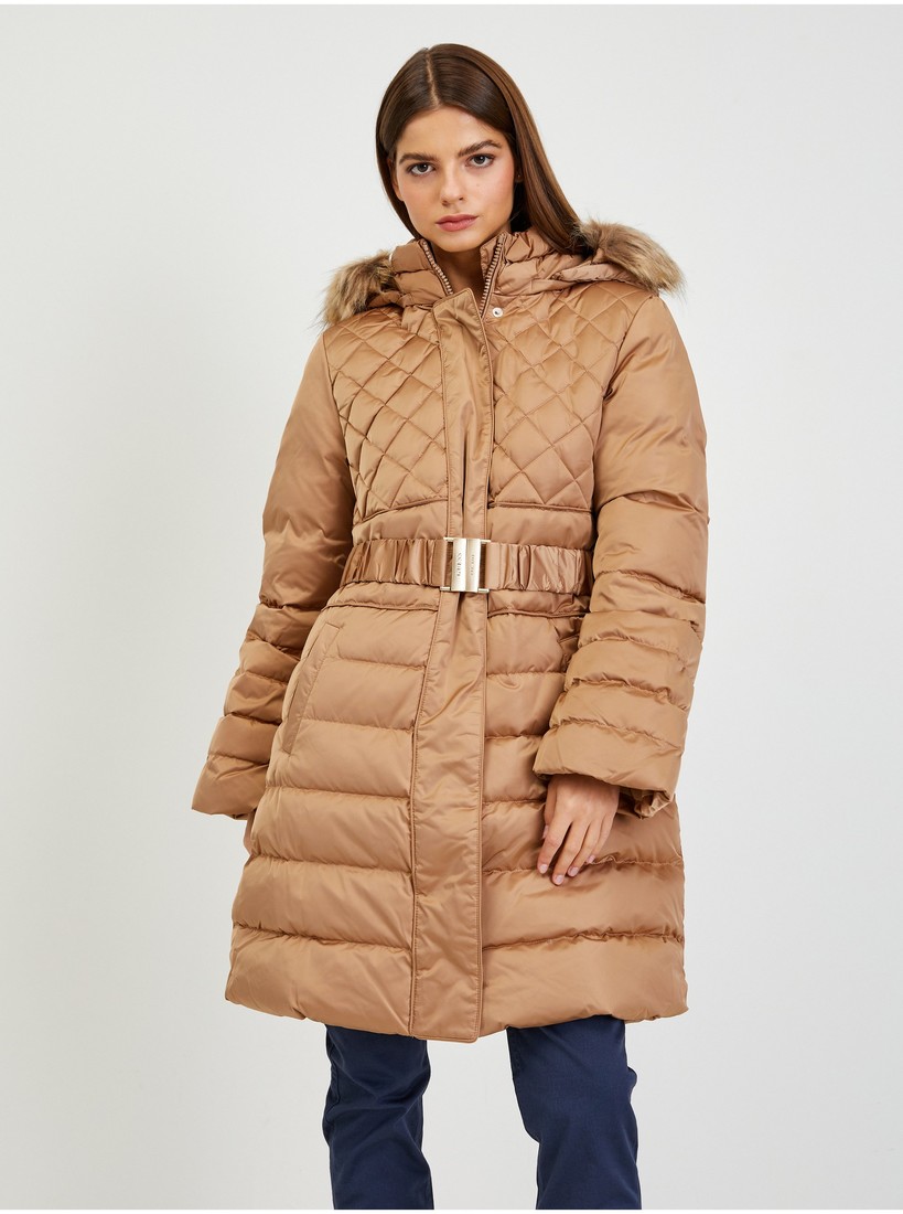 Guess Brown Women's Down Winter Coat with Detachable Hood and Fur Gu - Women
