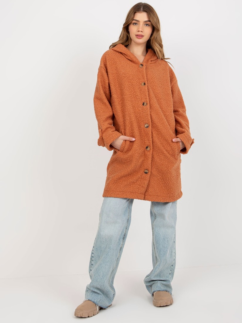 Women's dark orange plush coat with a hood