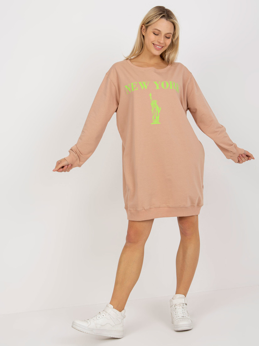 Beige and green women's long cotton sweatshirt with a print