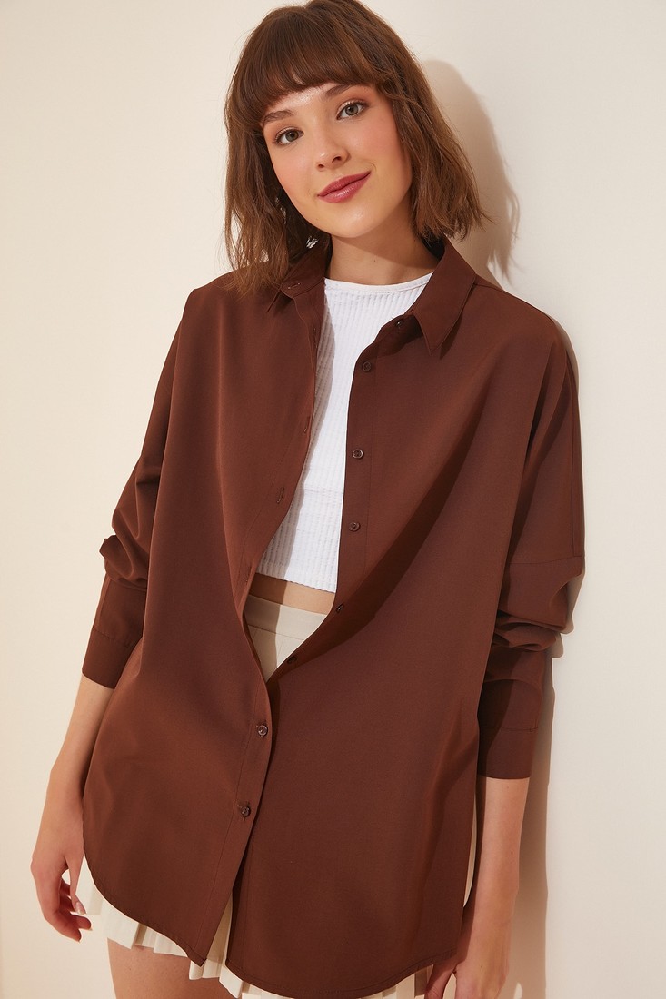 Happiness İstanbul Women's Chocolate Oversize Long Basic Shirt