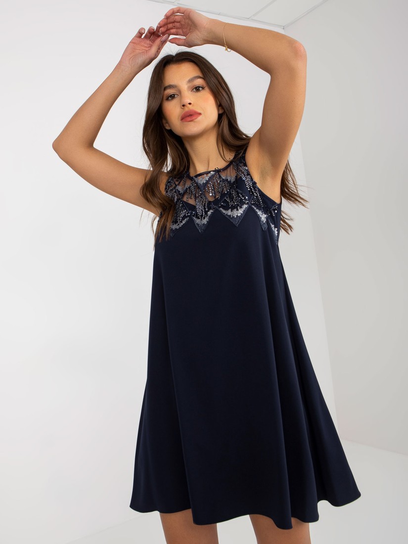 Navy blue cocktail dress with sequin appliqué