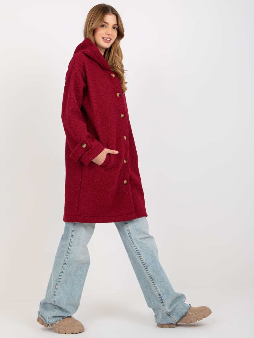 Women's maroon plush coat with a hood
