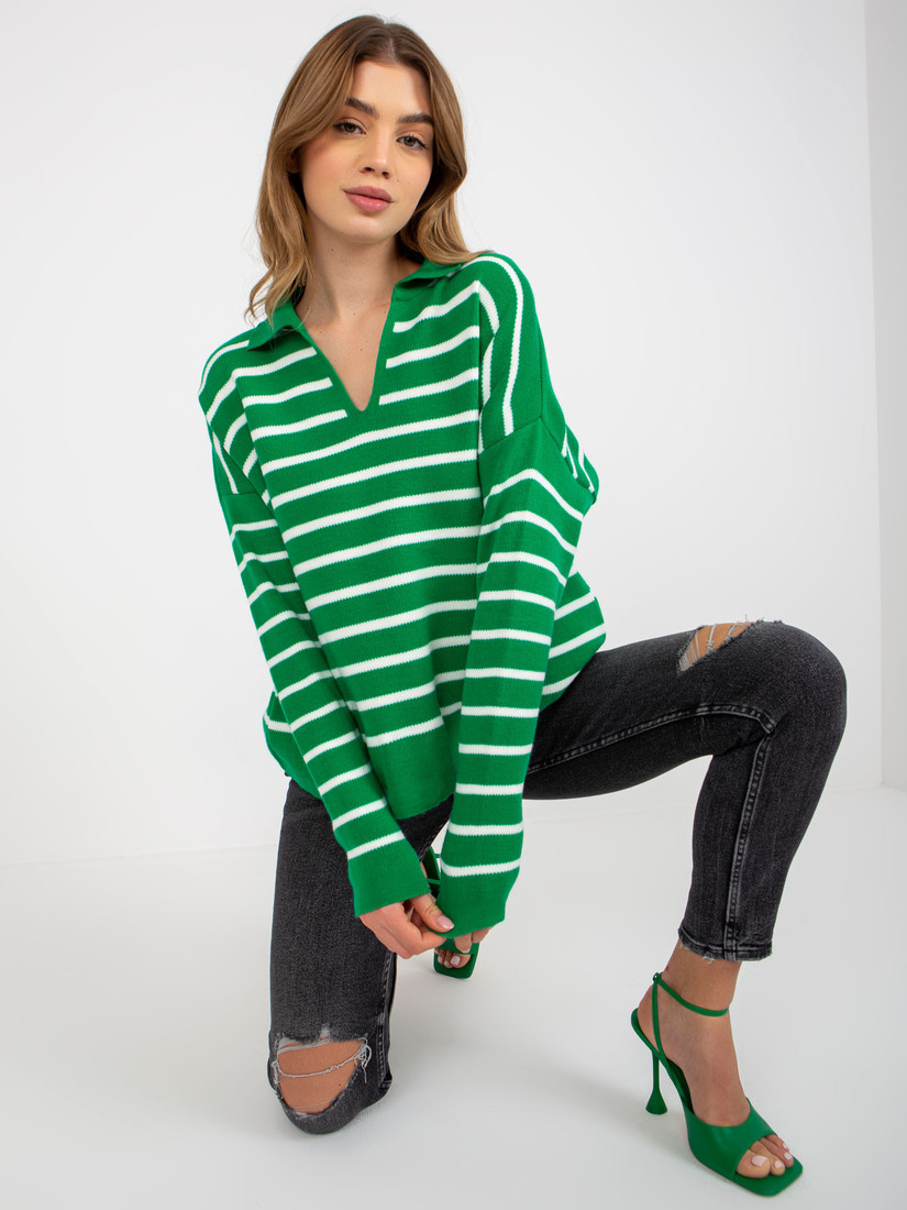 Green and white oversize striped sweater with a collar