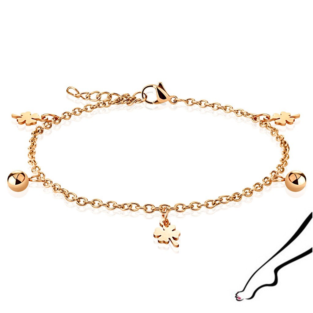 Oceľový náramok na nohu v medenej farbe - hladké štvorlístky a guličky