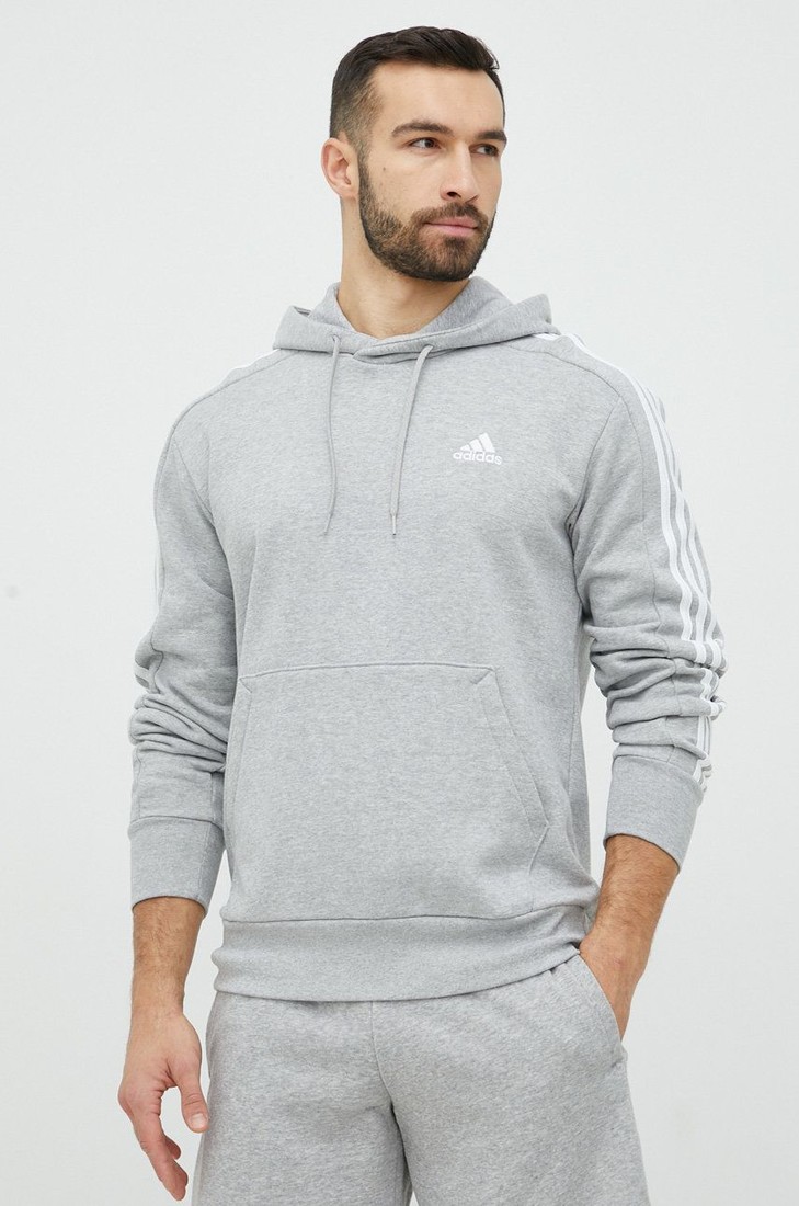 Bavlnená mikina adidas pánska, šedá farba, s kapucňou, melanžová