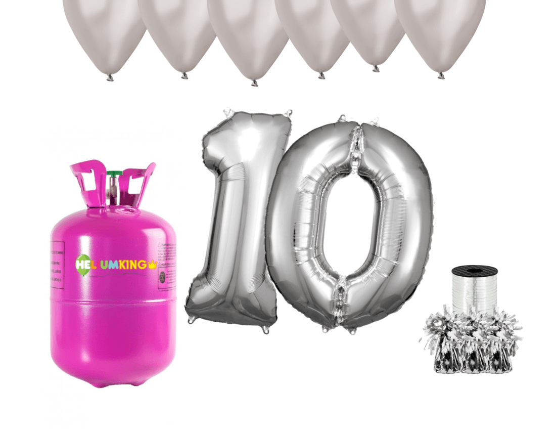 HeliumKing Hélium párty set na 10. narodeniny so striebornými balónmi