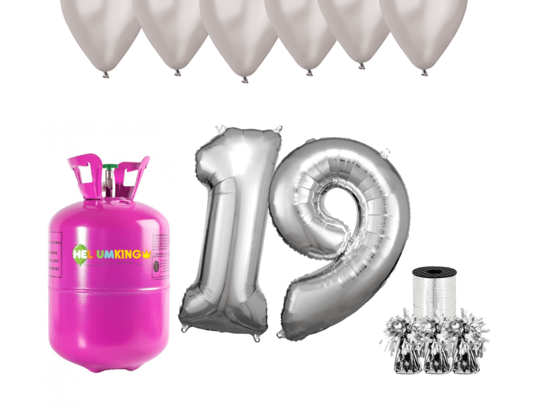 HeliumKing Hélium párty set na 19. narodeniny so striebornými balónmi