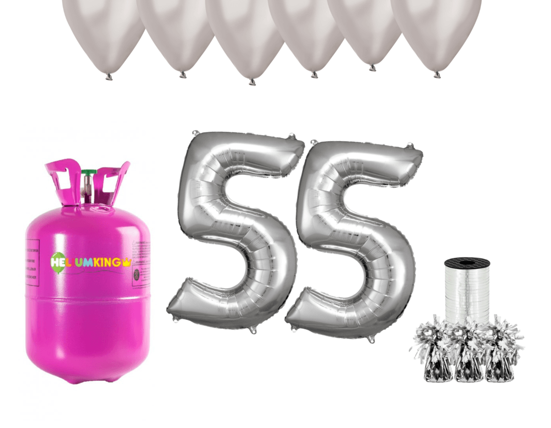 HeliumKing Hélium párty set na 55. narodeniny so striebornými balónmi