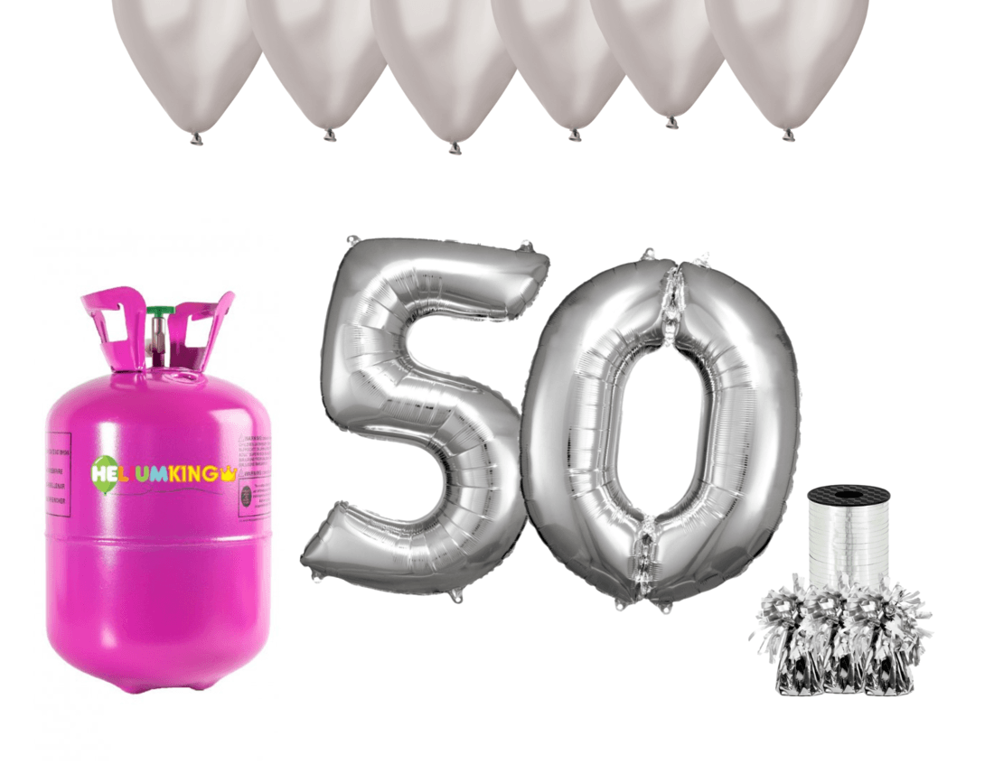 HeliumKing Hélium párty set na 50. narodeniny so striebornými balónmi