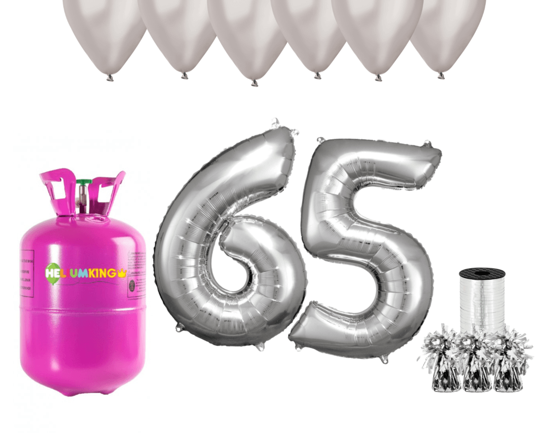 HeliumKing Hélium párty set na 65. narodeniny so striebornými balónmi