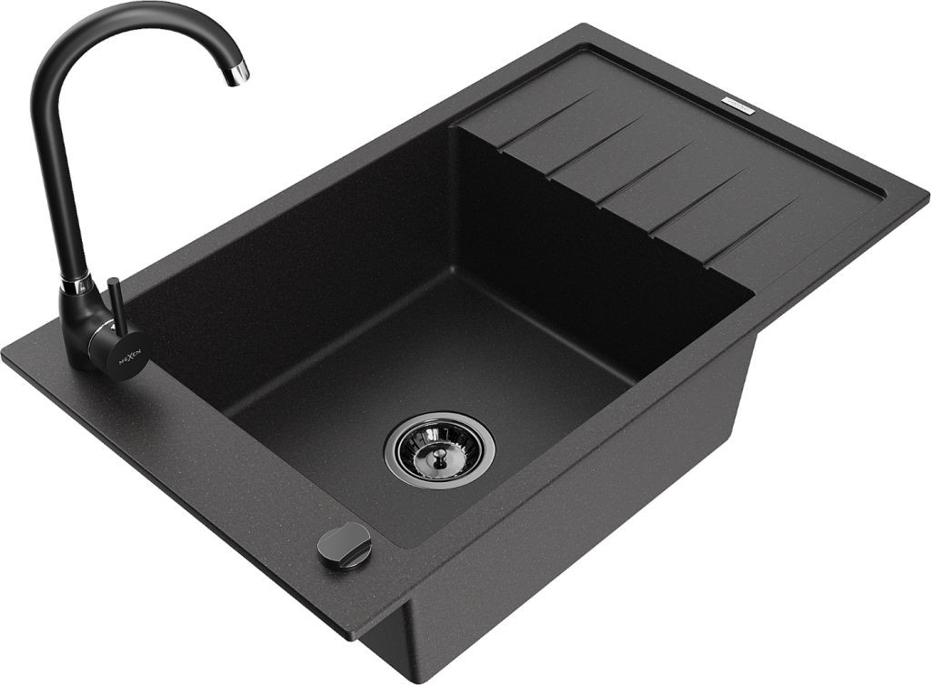 MEXEN/S MEXEN/S - Elias granitový drez s odkvapkávačom vrátane batérie Telma, čierna 6511-77-670200-70-B