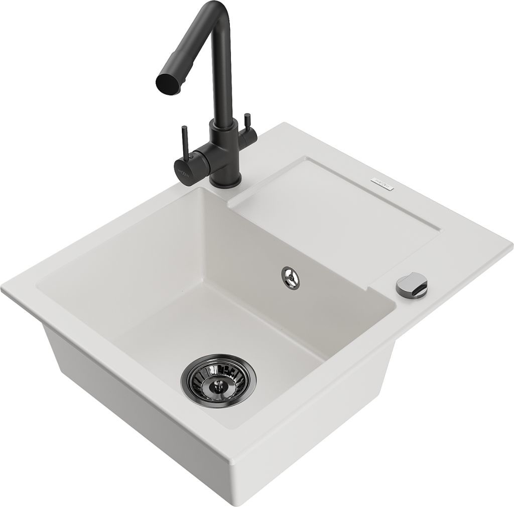 MEXEN/S MEXEN/S - Enzo granitový drez 1-miska s odkvapkávačom vrátane batérie Duero, biela 6506-20-671600-70