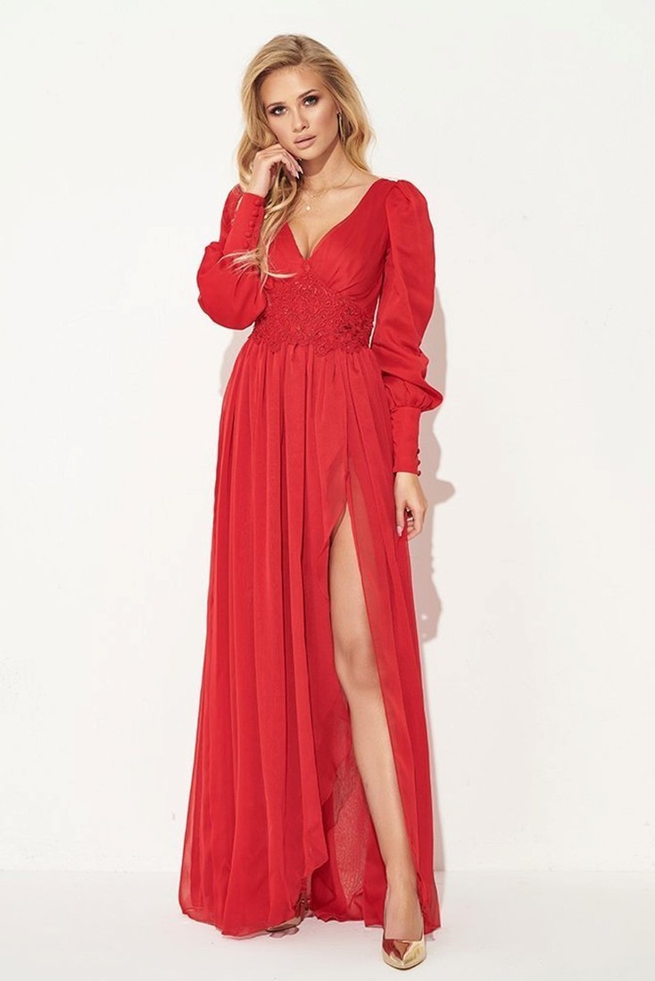 Červené spoločenské šaty s balónovými rukávmi Veľkosť: XS
