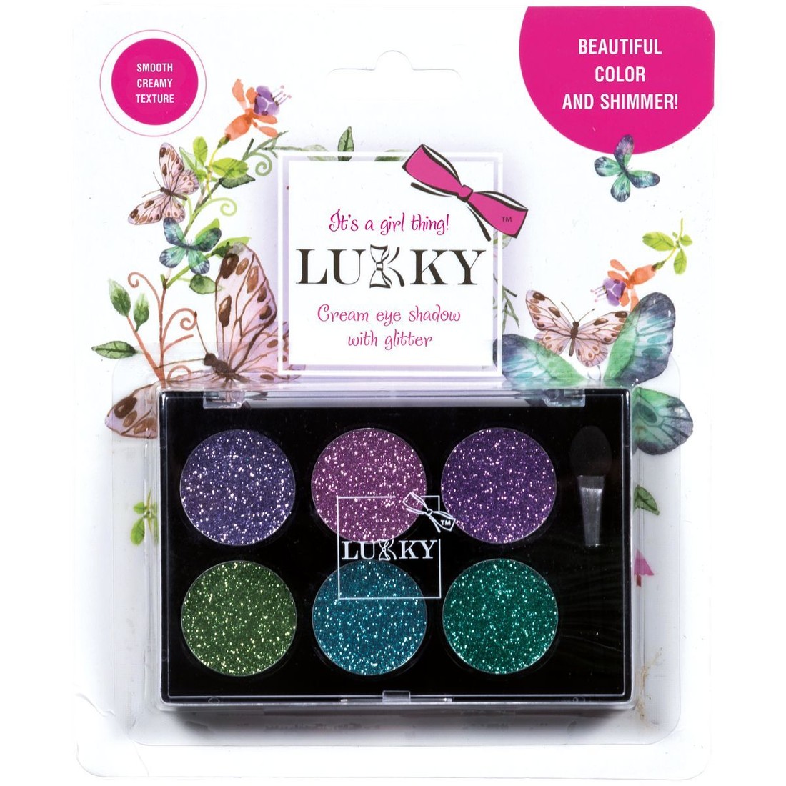 Lukky Paleta očných tieňov s trblietkami a štetcom Odtiene zelenej a purpurovej