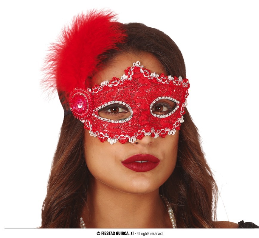 Guirca Červená škraboška s červeným pierkom