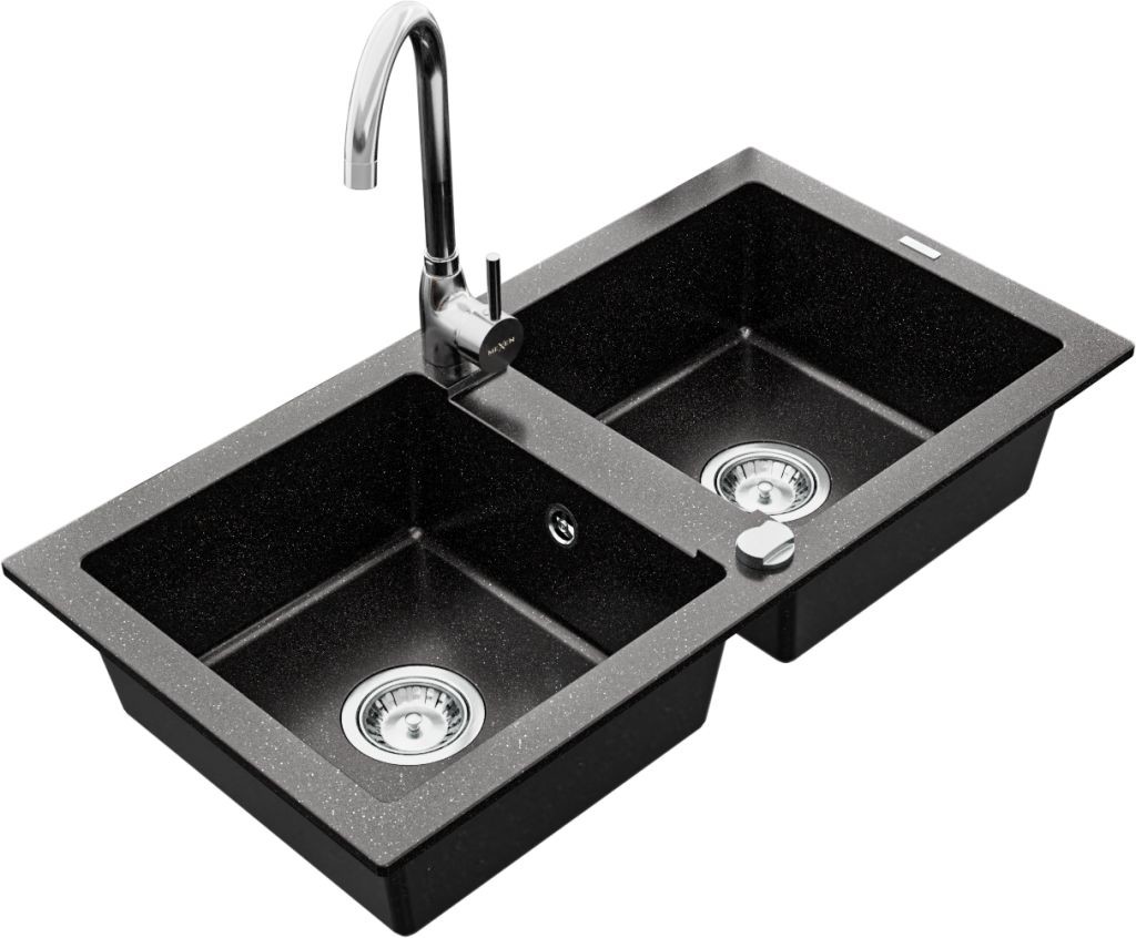 MEXEN/S MEXEN/S - Mario granitový drez 2-bowl vrátane batérie Telma, čierna/strieborný 6504-73-670200-00
