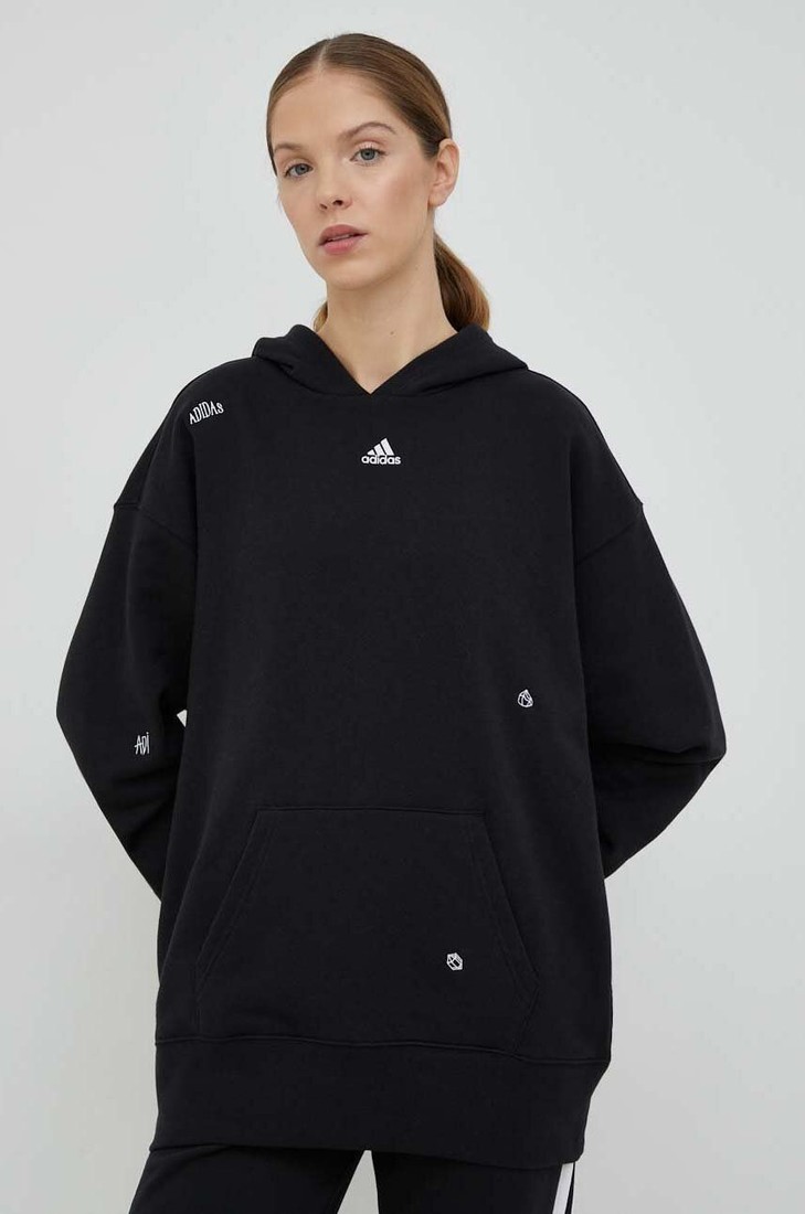 Bavlnená mikina adidas dámska, čierna farba, s kapucňou, s nášivkou