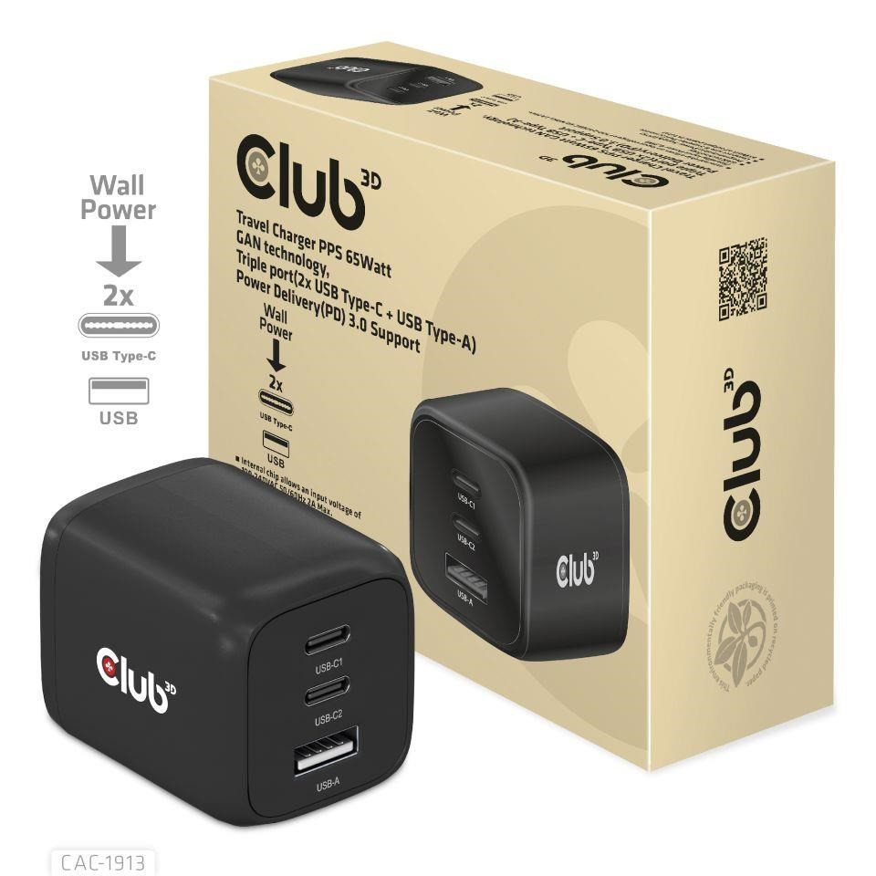 Club3D cestovná nabíjačka 65W GAN technológia, 3 porty (2xUSB-C + USB-A), Power Delivery(PD) 3.0 Support
