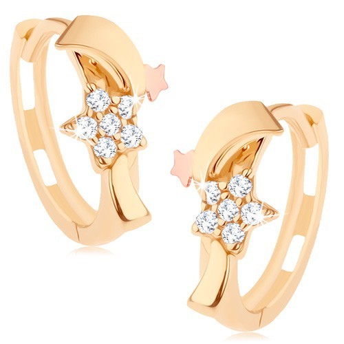 Dvojfarebné náušnice v 14K zlate - zirkónový kvietok, vlnka a hviezdička