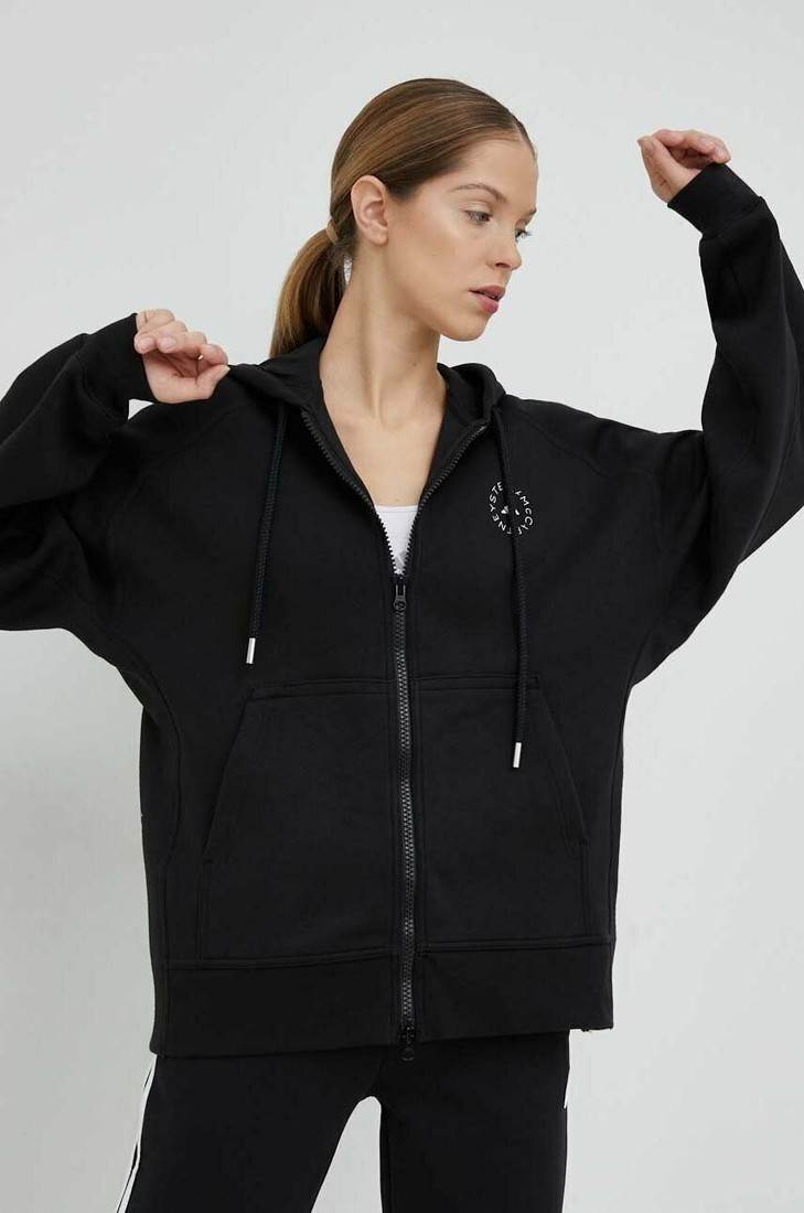 Tepláková mikina adidas by Stella McCartney čierna farba, s kapucňou, jednofarebná