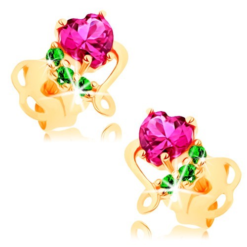Zlaté náušnice 585 - ružové zirkónové srdiečko v lesklom obryse, zelené zirkóniky