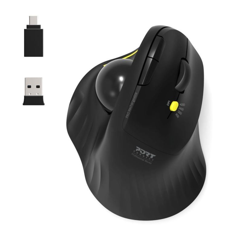 PORT CONNECT ERGONOMIC TRACKBALL, bezdrátová ergonomická myš, 2,4 Ghz & Bluetooth®, USB-A/C, černá