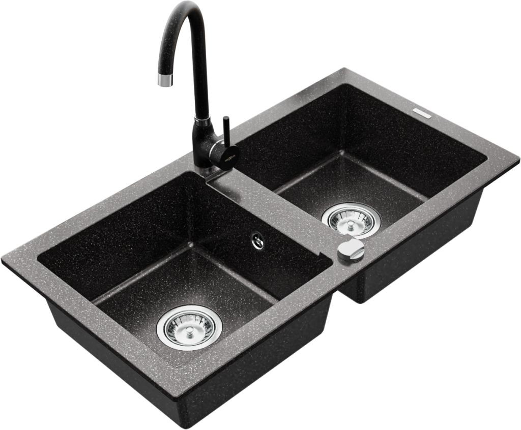 MEXEN/S MEXEN/S - Mario granitový drez 2-bowl vrátane batérie Telma, čierna kropenatý 6504-76-670200-76
