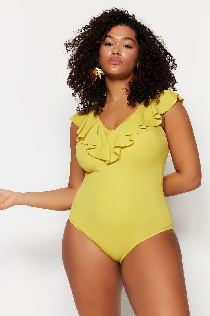 Trendyol Curve Plus Size Swimsuit - Green - Plain