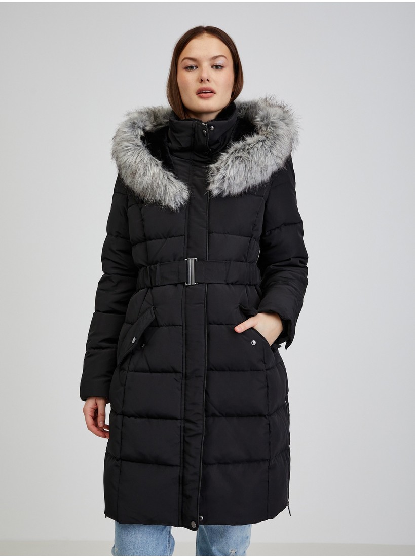 Black Women's Down Winter Coat with Hood and Faux Fur ORSAY - Ladies