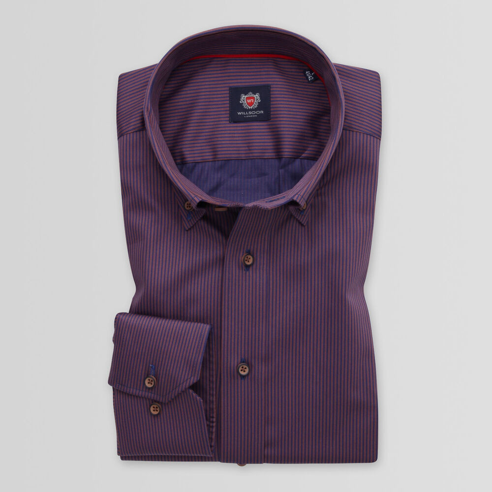 Pánska slim fit košeľa bordovej farby s hnedým pruhovaným vzorom 14906