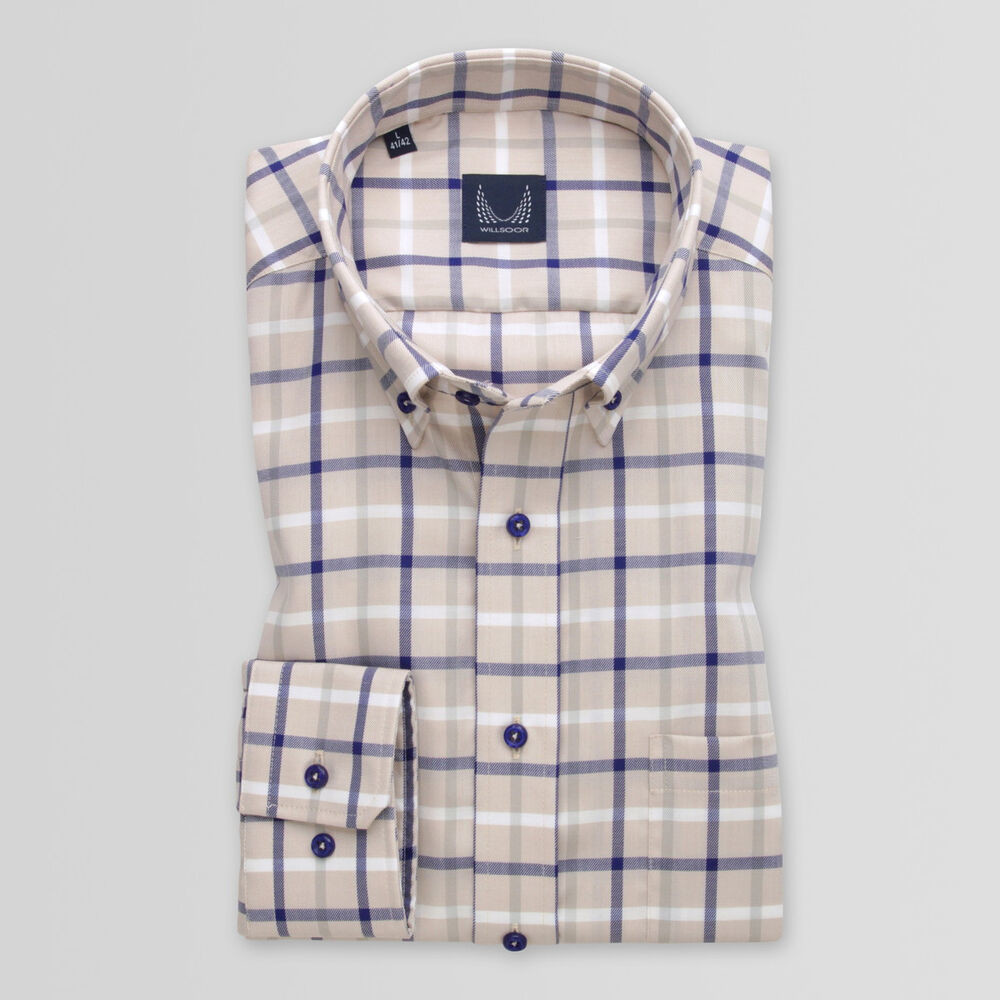 Pánska slim fit košeľa béžovej farby s tmavomodrým károvaným vzorom 14913